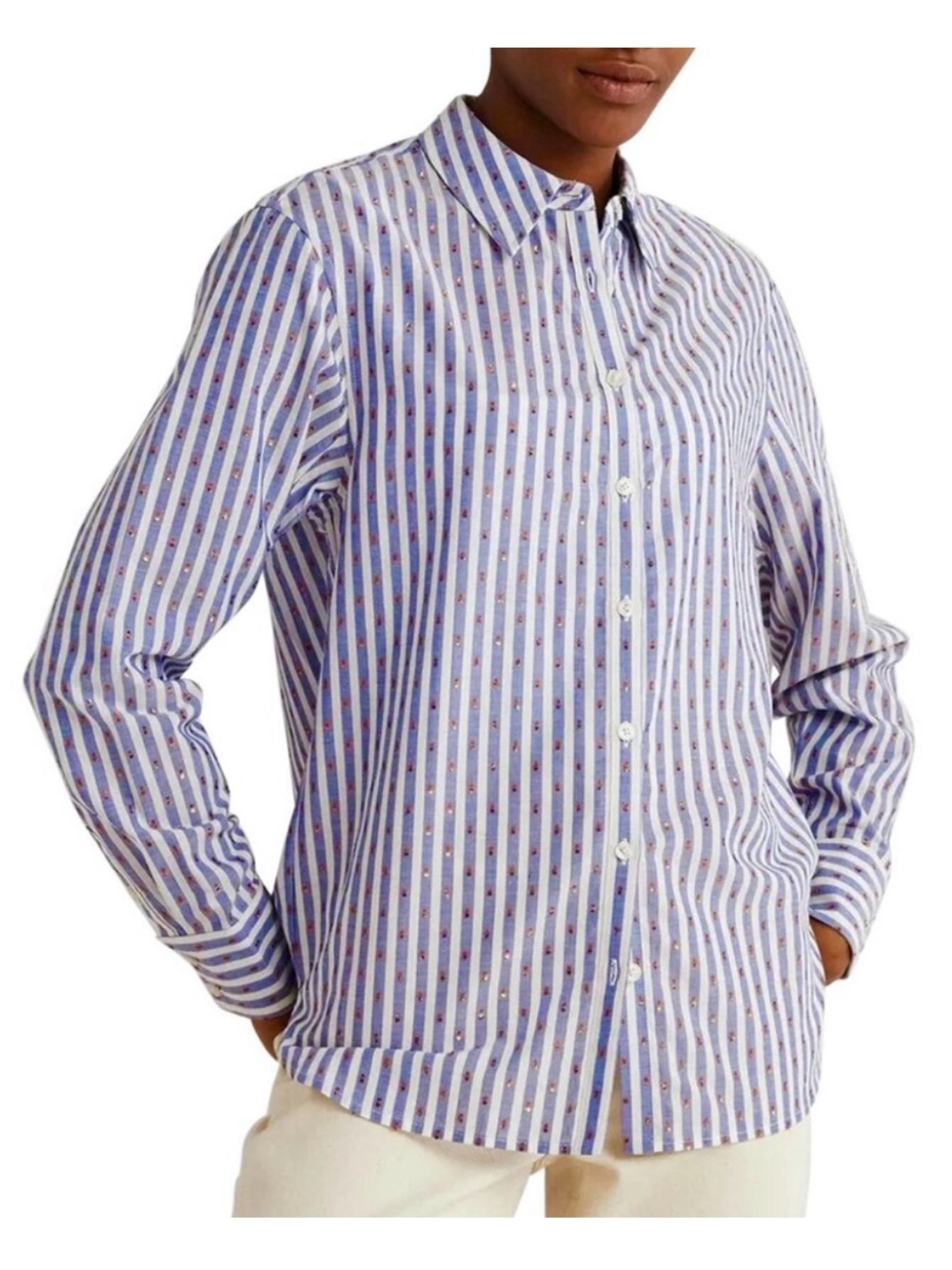 Boden Embroidered Relaxed Button Down Shirt Metallic Clip Stripe - Size US 16/18